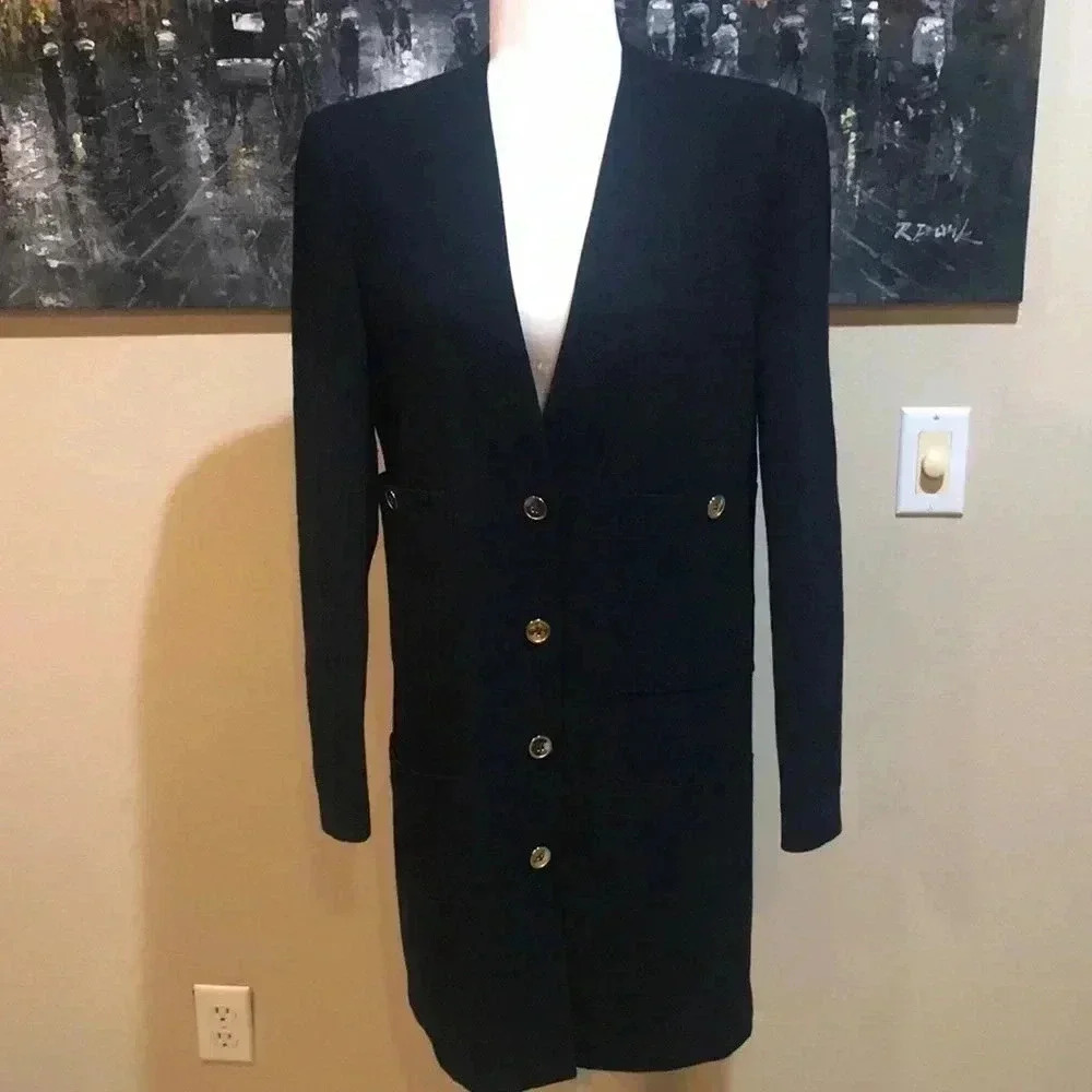 Jones New York 100% Wool Long Blazer Jacket Gold Buttons 4 Pockets Lined- Size 8
